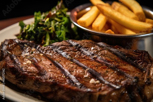 A Macro Detail of a Juicy and Tender Rib Steak Dish, Expertly Grilled and Served with Sizzling Seasoned Potato Fries