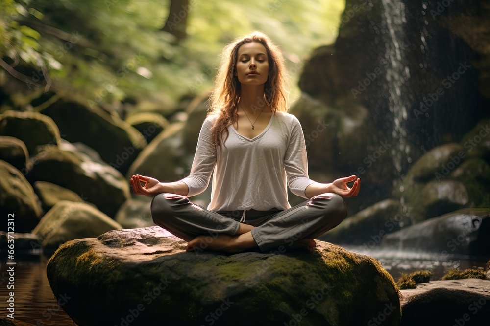 Woman is trying to meditate sitting on a rock in the forest