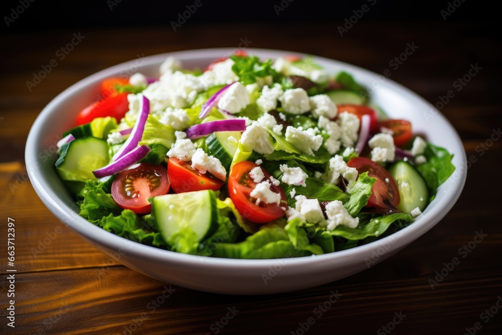 Greek Salad Magic: Romaine Lettuce, Cucumber, Red Onion, and Cherry Tomatoes Join Forces with Feta and Olives to Create a Fresh Mediterranean Culinary Masterpiece.




