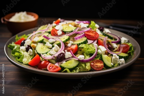 Greek Salad Magic: Romaine Lettuce, Cucumber, Red Onion, and Cherry Tomatoes Join Forces with Feta and Olives to Create a Fresh Mediterranean Culinary Masterpiece.