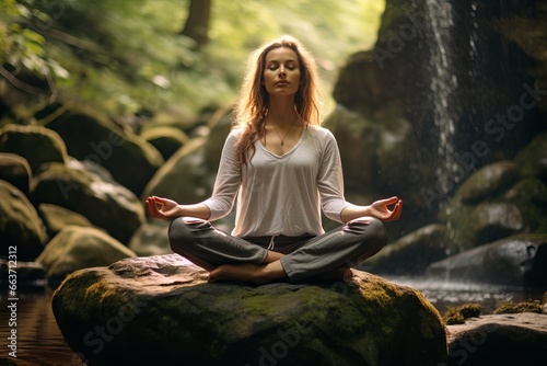 Woman is trying to meditate sitting on a rock in the forest