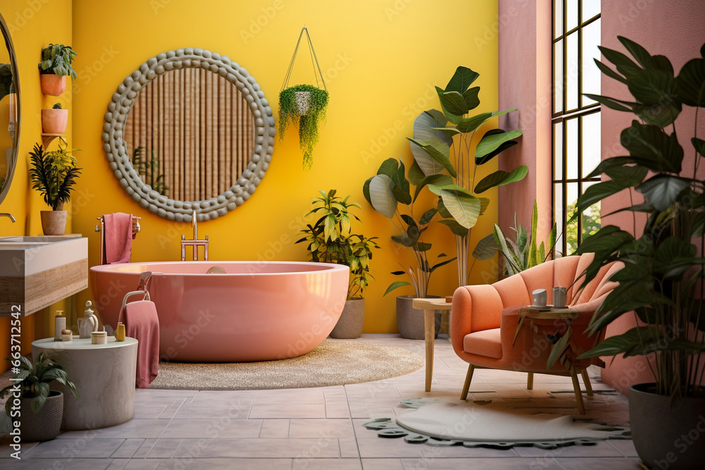 Fototapeta premium Modern bathroom with plants, glamour interior design.