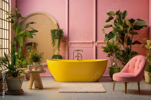 Modern bathroom with plants  glamour interior design.