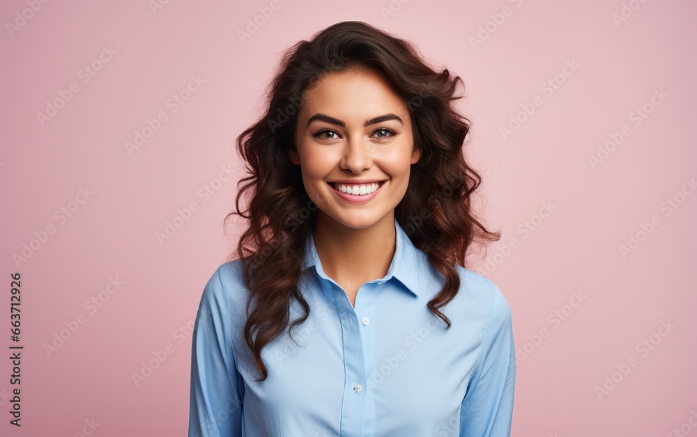 Portrait of businesswoman with enthusiastic face expression, smiling, looking confident, standing in suit over pink background Portrait of businesswoman with enthusiastic face expression, smiling, looking confident, standing in suit over pink background