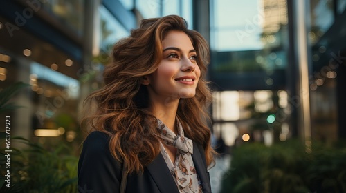 Close up portrait of young attractive businesswoman wearing smart clothes and smiling and looking absolutely happy posing outdoors city the background.