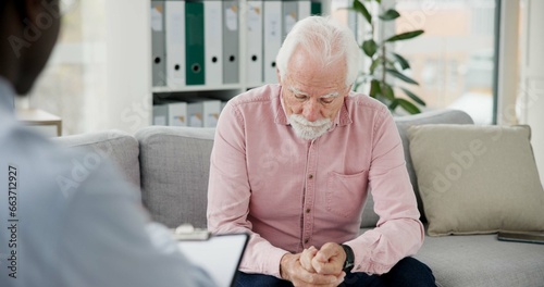 Psychologist, counselling or old man consulting in therapy for depression or support in consultation. Stress, psychology or sad elderly patient talking to therapist or listening for help or advice