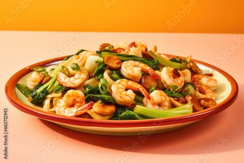 Shrimp Chop Suey: A Culinary Adventure of Fresh Ingredients and Traditional Flavors, Gently Stir-Fried to Perfection, Set against a Bright Yellow Background.




 photo