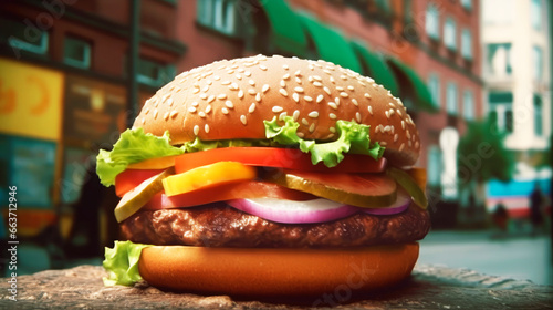 giant beef burger with cheese  tomato  lettuce and onion