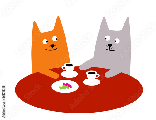 A meeting of friends. Red and gray cats drink coffee. Vector image for prints, poster and illustrations.