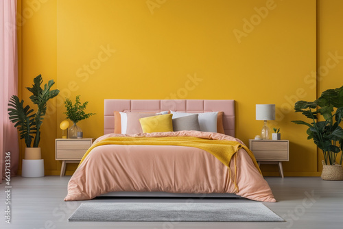Modern bedroom interior design with pink and yellow colors