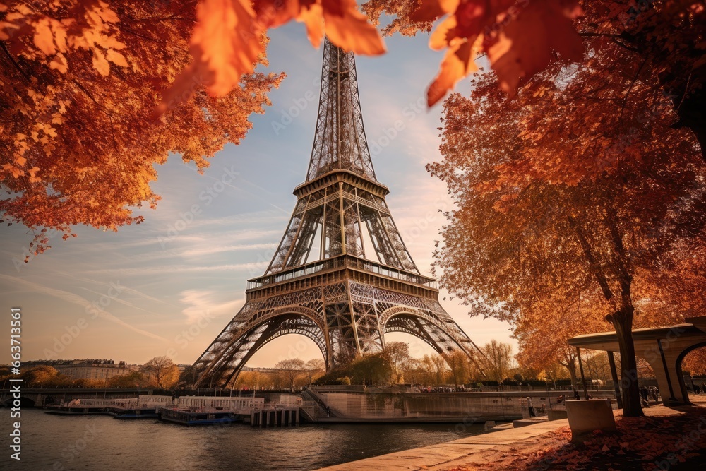 The Eiffel Tower in Paris, France. Colorful autumn leaves, Eiffel Tower with autumn leaves in Paris, France, AI Generated