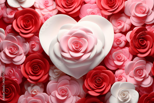 Valentine s Day with red Big hearts  white  and pink Big hearts. background and red rose  3D   top view.