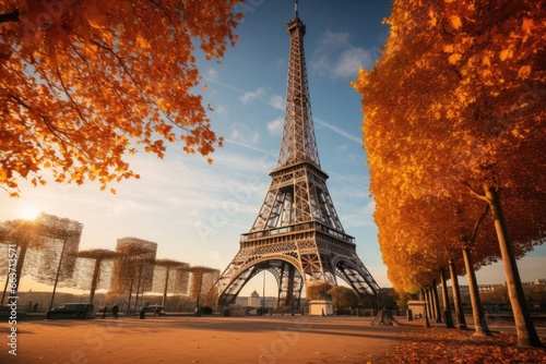 The Eiffel Tower in Paris, France. Beautiful autumn landscape, Eiffel Tower with autumn leaves in Paris, France, AI Generated © Iftikhar alam
