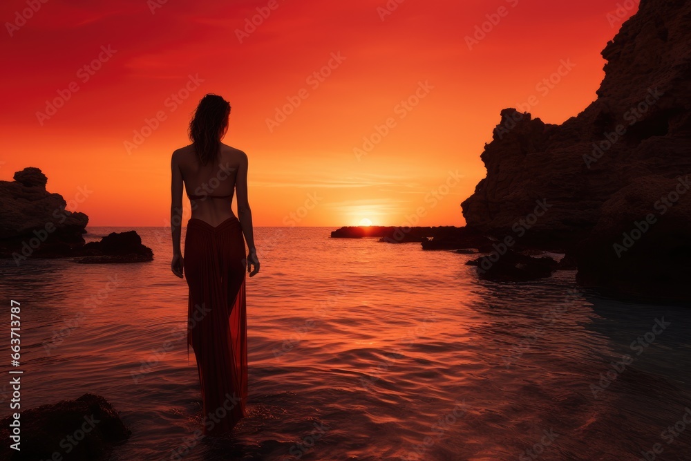 Beautiful woman in red dress standing in the sea at sunset, Epic red sunset in Cala Llentrisca with model , Ibiza, AI Generated