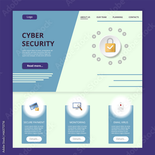 Cyber security flat landing page website template. Secure payment, monitoring, email virus. Web banner with header, content and footer. Vector illustration.