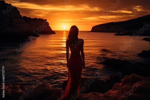 Beautiful girl in a long evening dress on the seashore at sunset, Epic red sunset in Cala Llentrisca with model , Ibiza, AI Generated © Iftikhar alam