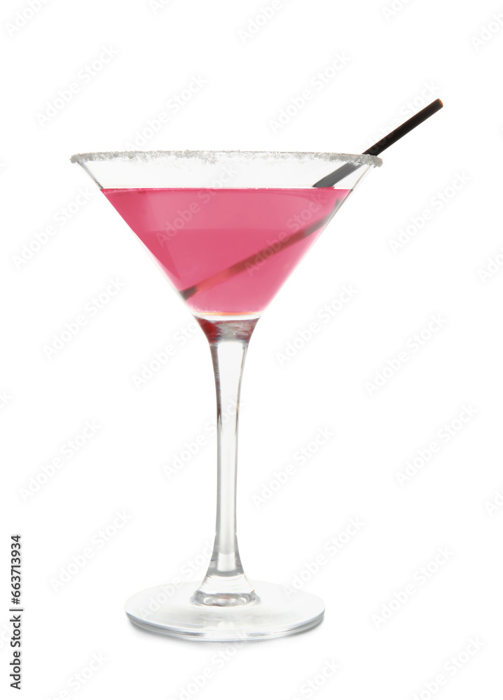 Glass of Cosmopolitan cocktail on white background