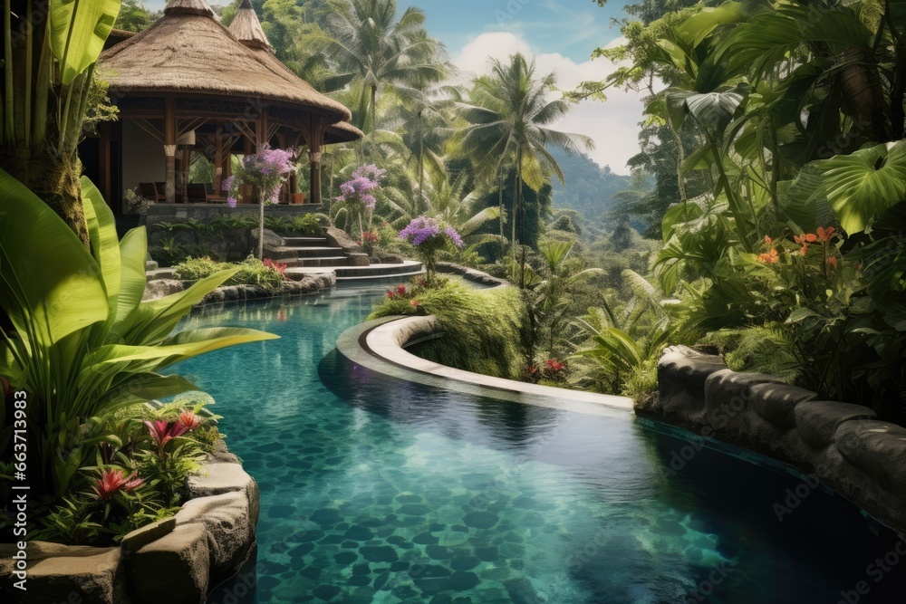 Tropical garden with swimming pool and palm trees, Bali island, Indonesia, Exotic oasis in bali, a tropical swimming pool, nestled amidst the breathtaking scenery of indonesia, AI Generated