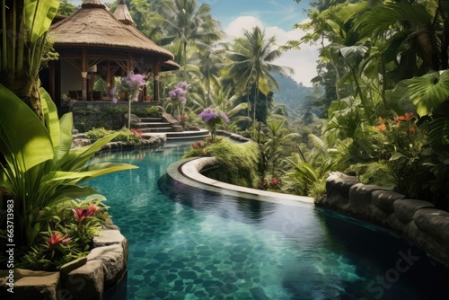 Tropical garden with swimming pool and palm trees  Bali island  Indonesia  Exotic oasis in bali  a tropical swimming pool  nestled amidst the breathtaking scenery of indonesia  AI Generated