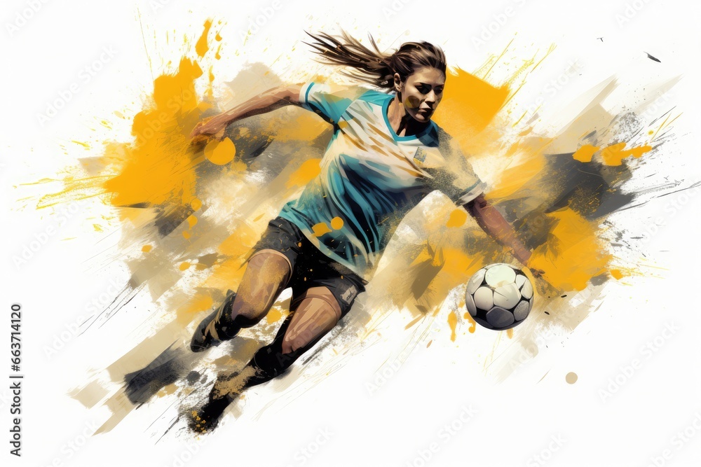 Soccer player in action on white background. Digital watercolor painting, Expressive abstract illustration of a female soccer player in action., AI Generated