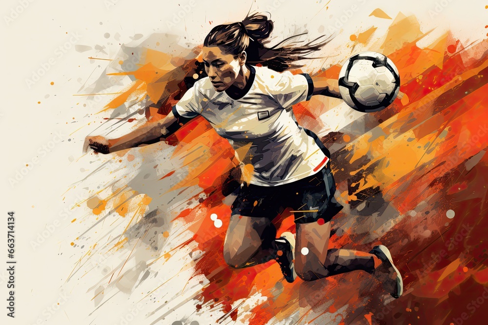 Illustration of a female soccer player on a grunge background, Expressive abstract illustration of a female soccer player in action., AI Generated Illustration of a female soccer player on a grunge background, Expressive abstract illustration of a female soccer player in action., AI Generated