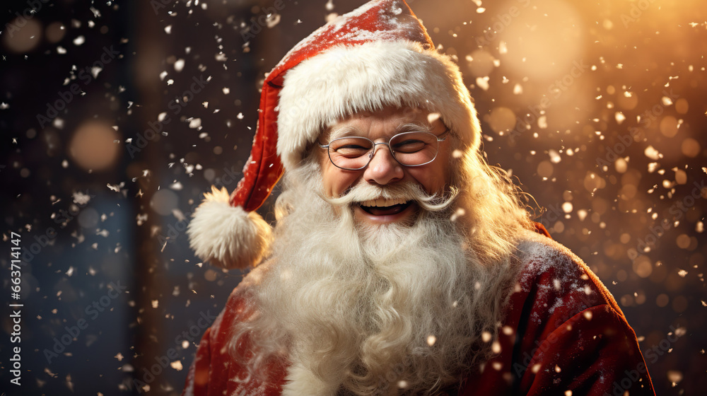 Laughing Santa Claus with long white gray beard and red hat, snowflakes flying Laughing Santa Claus with long white gray beard and red hat, snowflakes flying