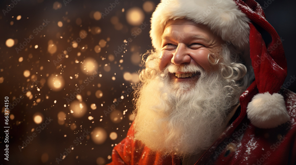 Laughing Santa Claus with long white gray beard and red hat, snowflakes flying Laughing Santa Claus with long white gray beard and red hat, snowflakes flying
