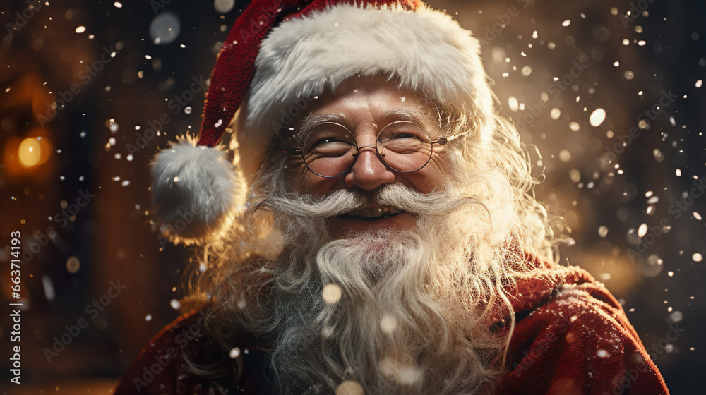Laughing Santa Claus with long white gray beard and red hat, snowflakes flying Laughing Santa Claus with long white gray beard and red hat, snowflakes flying
