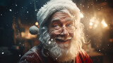 Laughing Santa Claus with long white gray beard and red hat, snowflakes flying | Generative AI