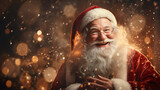 Laughing Santa Claus with long white gray beard and red hat, snowflakes flying