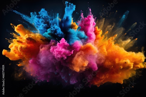 Colorful explosion of colored smoke on a black background. Abstract background, Explosion of colored powder on black background, AI Generated