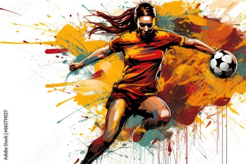 Soccer player in action on colorful splashes background. Vector illustration, Expressive abstract illustration of a female soccer player in action., AI Generated
