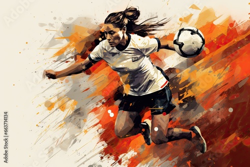 Illustration of a female soccer player on a grunge background, Expressive abstract illustration of a female soccer player in action., AI Generated