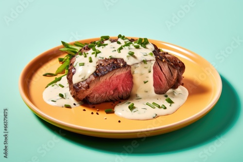A Freshly Cooked Ribeye Pepper Steak with Creamy Peppercorn Sauce and Aromatic Herbs - A Tasty Meal Experience. Pastel Background with copy space