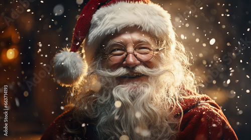 Laughing Santa Claus with long white gray beard and red hat, snowflakes flying   Generative AI © DigitalDreamscape