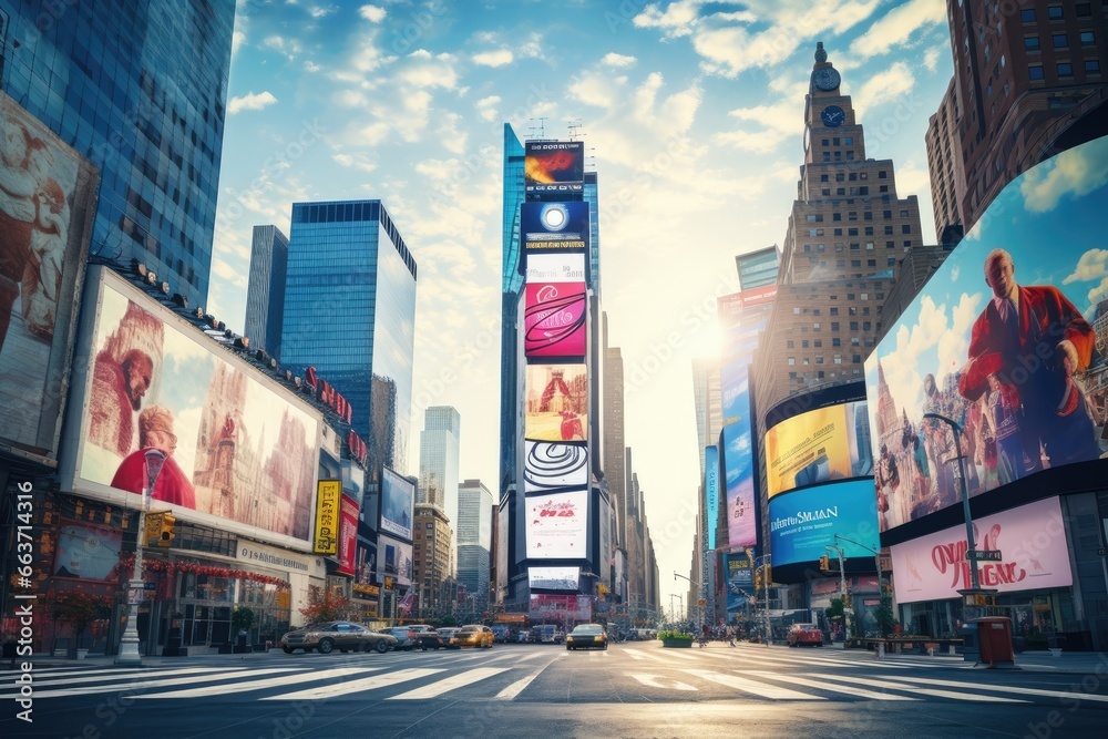 Obraz premium s Square, featured with Broadway Theaters and huge number of LED signs, is a symbol of New York City and the United States, Famous Times Square landmark in New York downtown, AI Generated