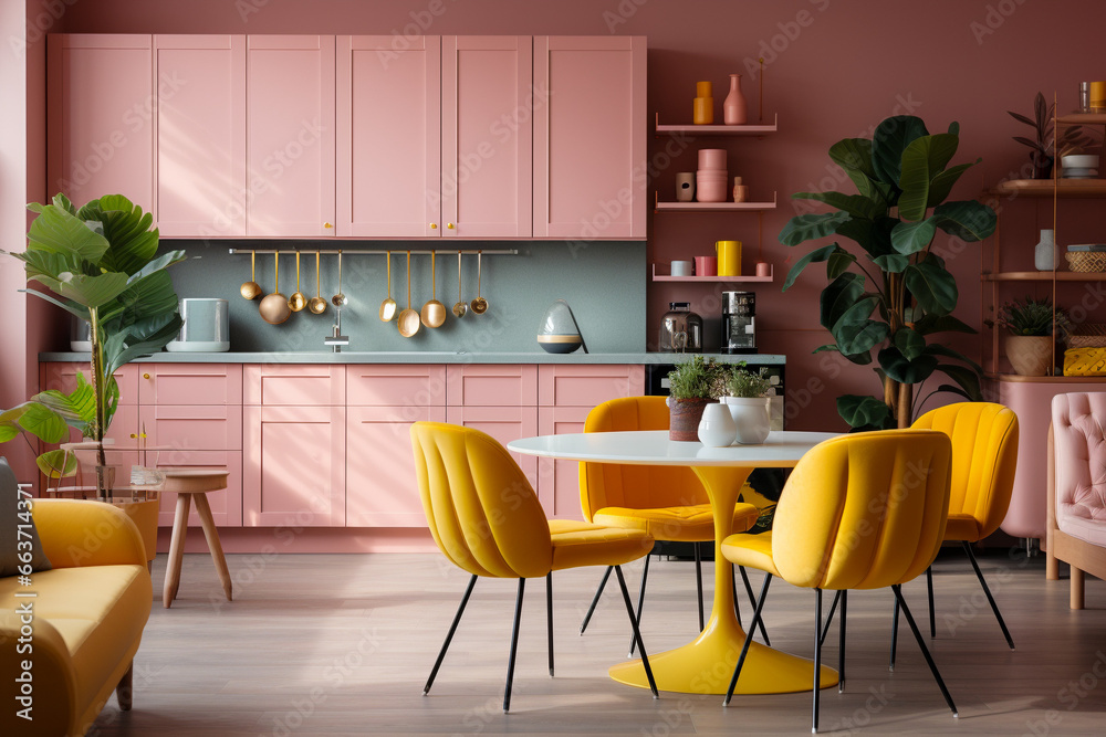 Modern kitchen interior design. Pink and yellow colors