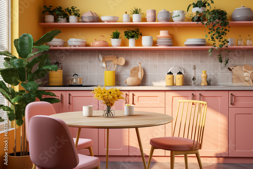 Modern kitchen interior design. Pink and yellow colors