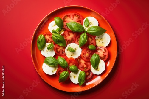 Savor the Taste of Italy with a Fresh Caprese Salad - Succulent Mozzarella, Ripe Tomatoes, and Basil Leaves on a Red Background with Copy Space.