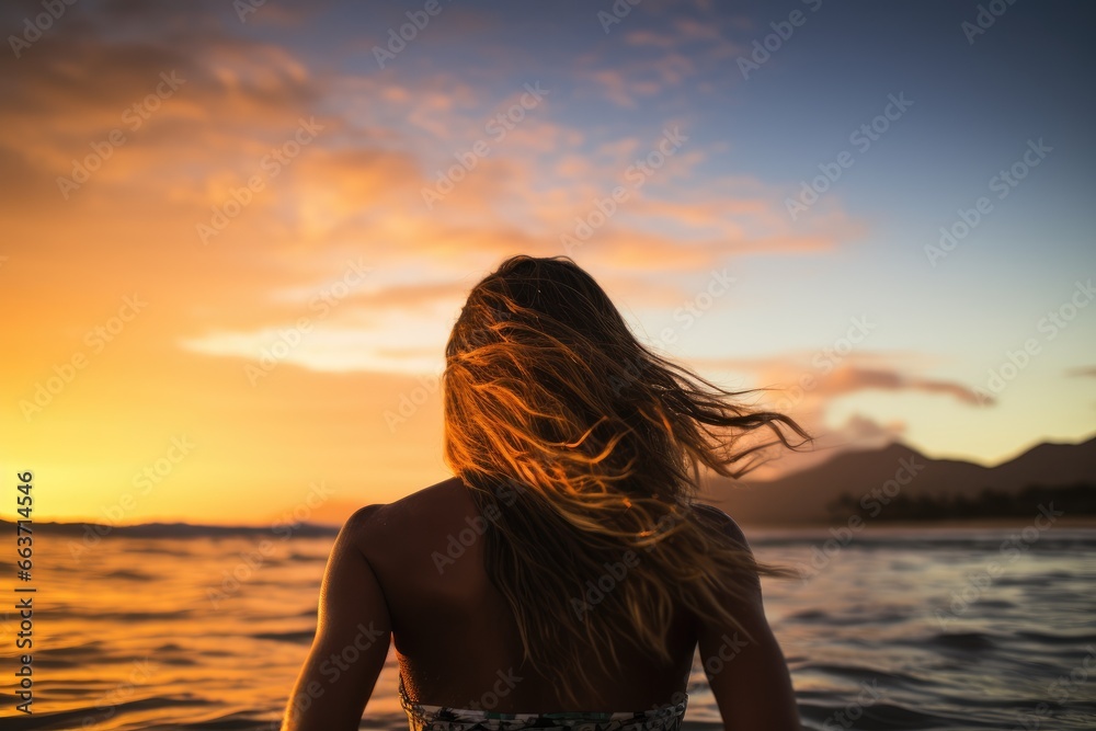 Silhouette of a girl in a swimsuit at sunset on the beach, Female surfer rear view in sea at sunset, Oahu, Hawaii, United States of America, AI Generated