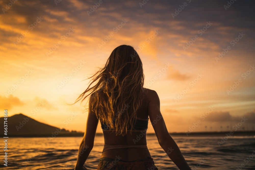 Beautiful girl in bikini on the beach at sunset. Vacation concept, Female surfer rear view in sea at sunset, Oahu, Hawaii, United States of America, AI Generated
