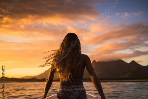 Beautiful woman on a paddle board at sunset in the ocean, Female surfer rear view in sea at sunset, Oahu, Hawaii, United States of America, AI Generated © Iftikhar alam