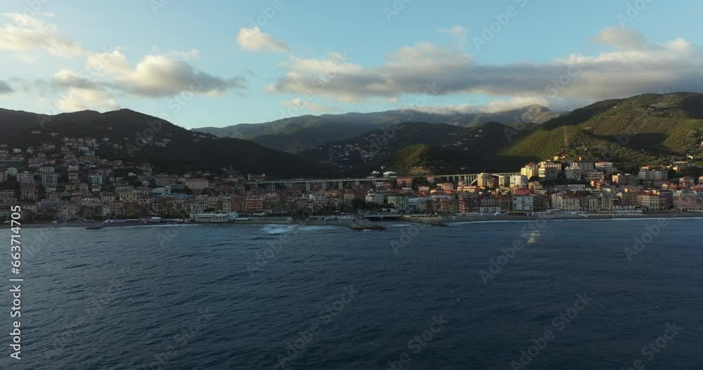Varazze city and bridge in Liguria region, Italy. Aerial sideways and sea for copy space Varazze city and bridge in Liguria region, Italy. Aerial sideways and sea for copy space