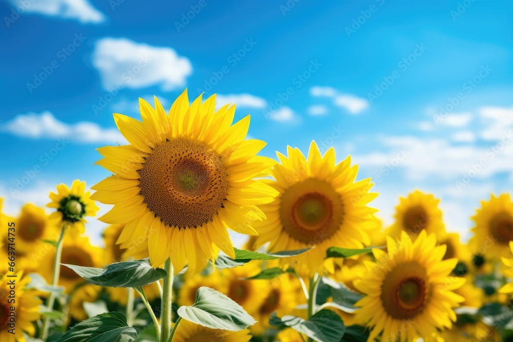 Sunflower field over cloudy blue sky background. Sunflower blooming, Field of blooming sunflowers on a background blue sky, AI Generated