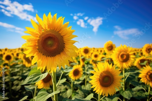 Sunflower field over cloudy blue sky background. Sunflower blooming in summer, Field of blooming sunflowers on a background blue sky, AI Generated