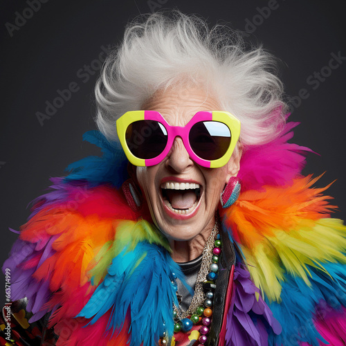 Happy senior woman in colorful neon outfit, funny sunglasses and extravagant style, laughing and smiling, trendy grandma posing in studio white background png