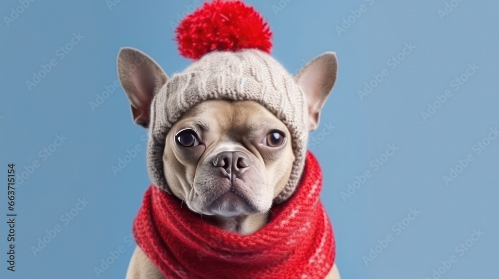 An adorable dog wearing a winter hat and scarf against a teal blue background.