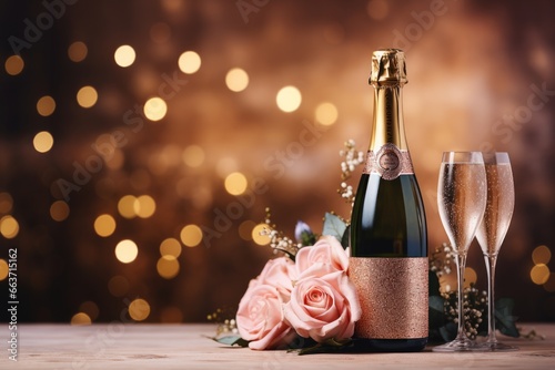 Banner with bottle of rose champagne  photo