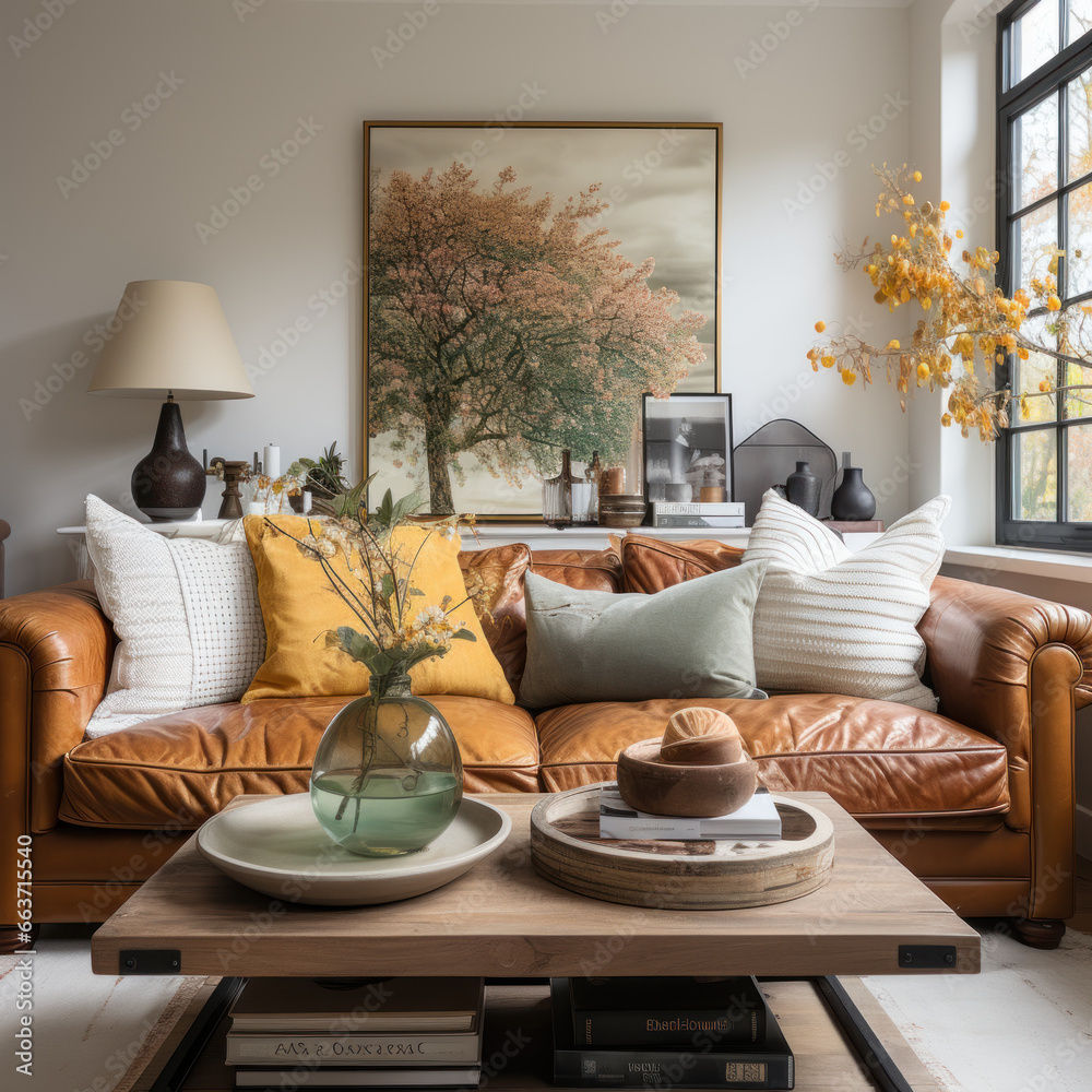 Fototapeta premium a cream leather couch with books 