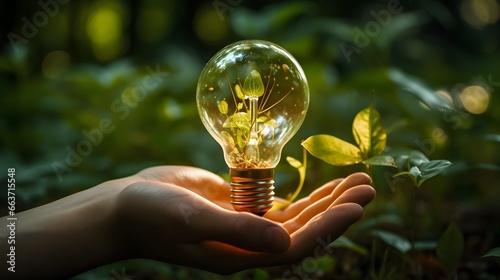Hand holding light bulb against nature on green leaf with energy sources, Sustainable developmen and responsible environmental, Energy sources for renewable. Generative AI